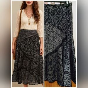 Coldwater Creek Patchwork Metallic Midi Skirt PS Black & Silver Lace